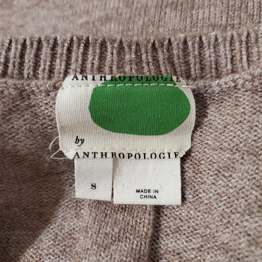 Anthropologie V Neck Tan Ribbed Hi Low Slit Knit Sweater Womens Size S Neutral - Picture 7 of 11